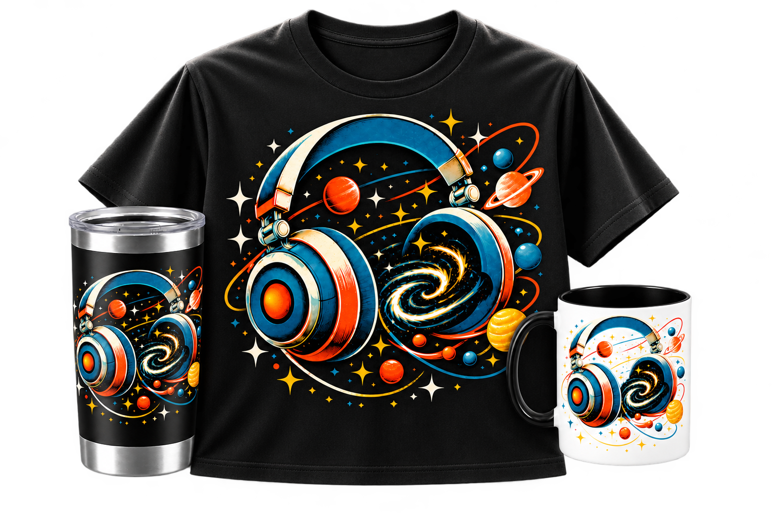 Cosmic Headphones collection: black T-shirt, dark tumbler and white mug with black handle