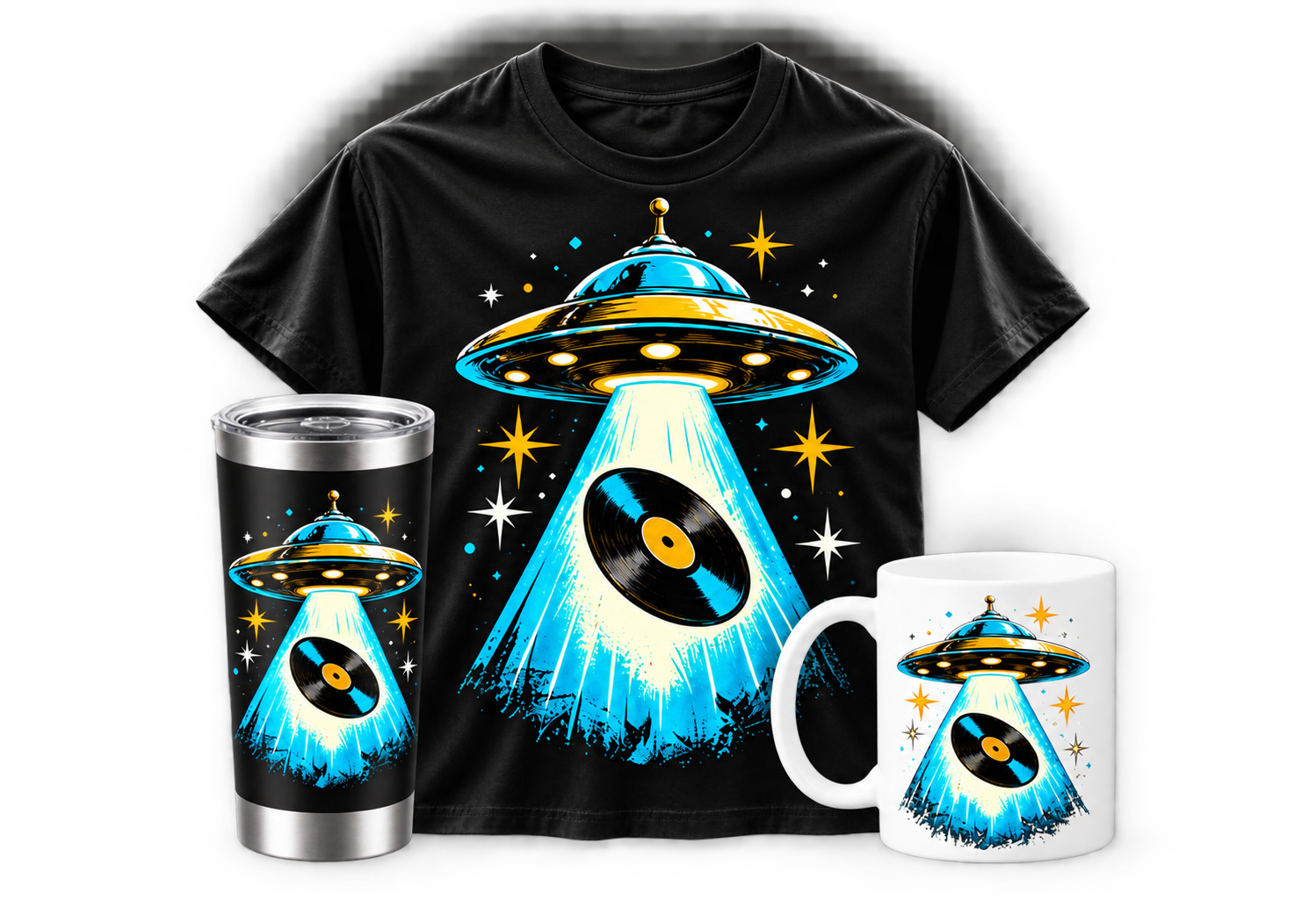 Vinyl Abduction collection: black T-shirt, dark tumbler and white mug