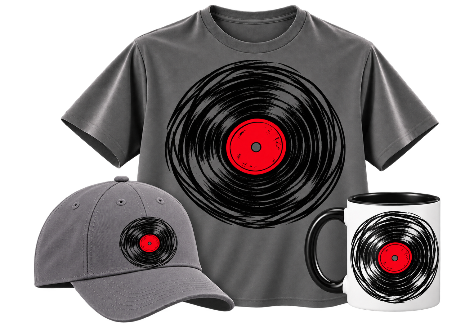 Vinyl Scribble collection: asphalt gray T-shirt, slate gray hat and white mug with black interior and handle