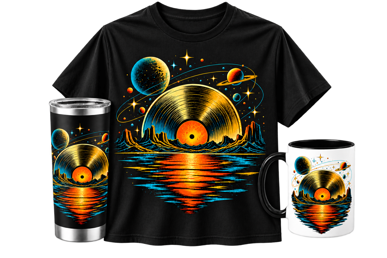 Vinyl Sunset collection: black T-shirt, dark tumbler and white mug with black handle