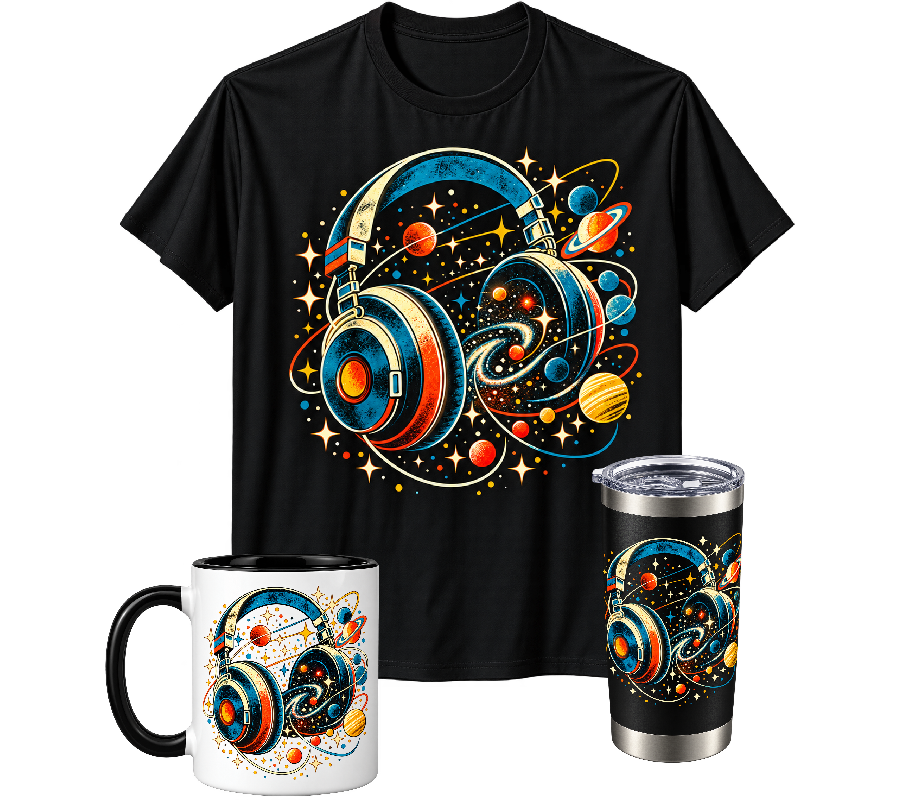 Cosmic Headphones collection: black T-shirt, dark tumbler and white mug with black handle