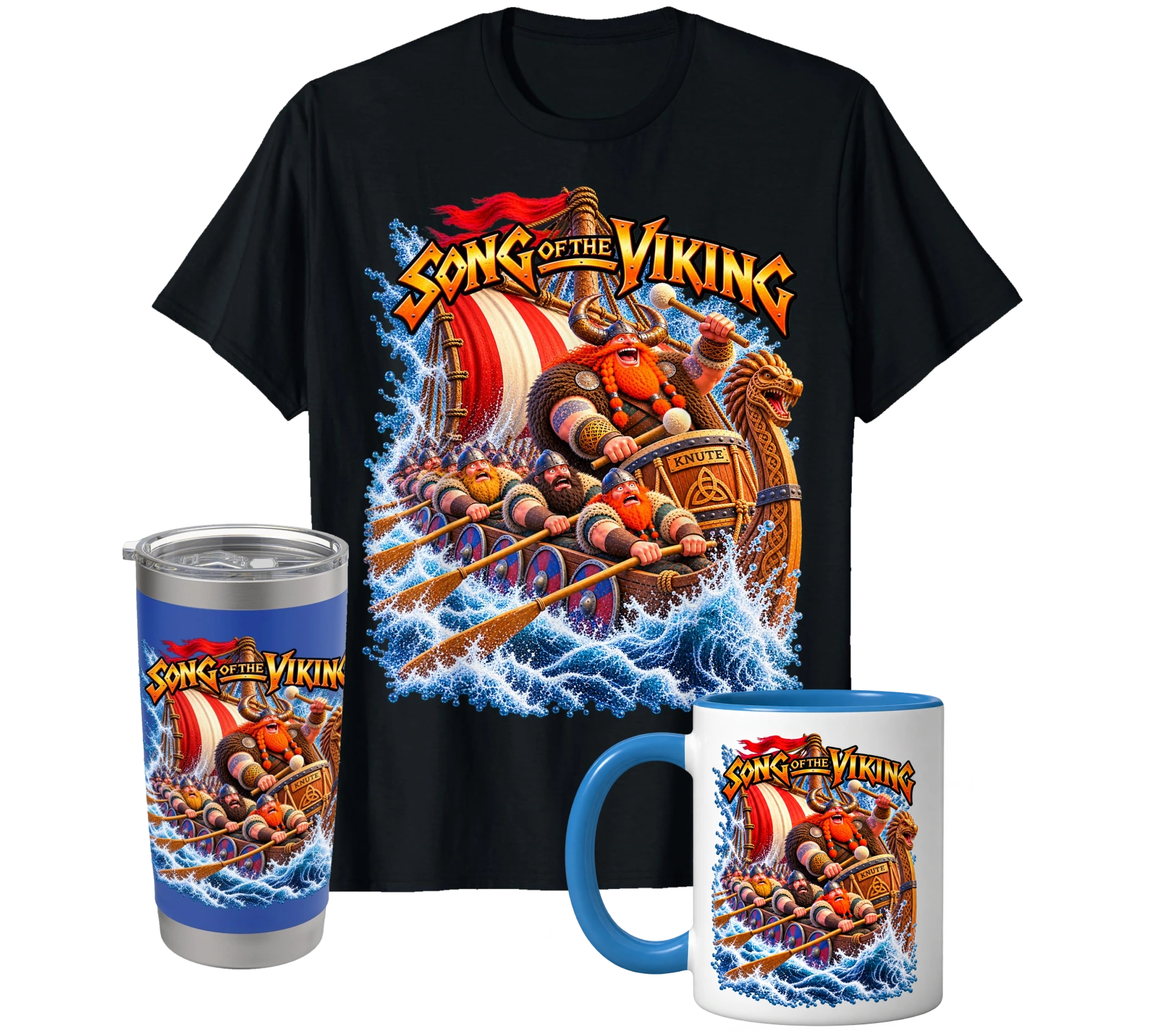 Song of the Viking merchandise: black T-shirt, tumbler and blue-handled mug