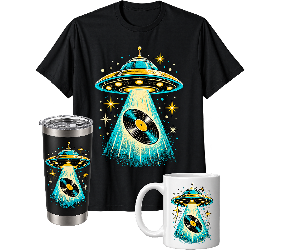 Vinyl Abduction collection: black T-shirt, dark tumbler and white mug